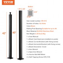 VEVOR Cable Rail Post Level Deck Stair Post 42 x 1.97 x 1.97" Cable Handrail Post Stainless Steel Brushed Finishing Deck Railing DIY Picket Without Hole Stair Railing Kit with Mount Bracket Black