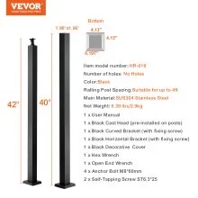 VEVOR Cable Rail Post Level Deck Stair Post 42 x 1.97 x 1.97" Cable Handrail Post Stainless Steel Brushed Finishing Deck Railing DIY Picket Without Hole Stair Railing Kit with Mount Bracket Black