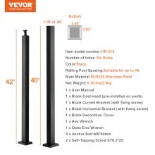 VEVOR Cable Rail Post,  42 x 1.97 x 1.97", Level Deck Stair Post, Cable Handrail Post Stainless Steel Brushed Finishing Deck Railing DIY Picket Without Hole Stair Railing Kit With Mount Bracket Black