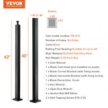 VEVOR Cable Rail Post Level Deck Stair Post 42 x 1.97 x 1.97" Cable Handrail Post Stainless Steel Brushed Finishing Deck Railing DIY Picket Without Hole Stair Railing Kit with Mount Bracket Black