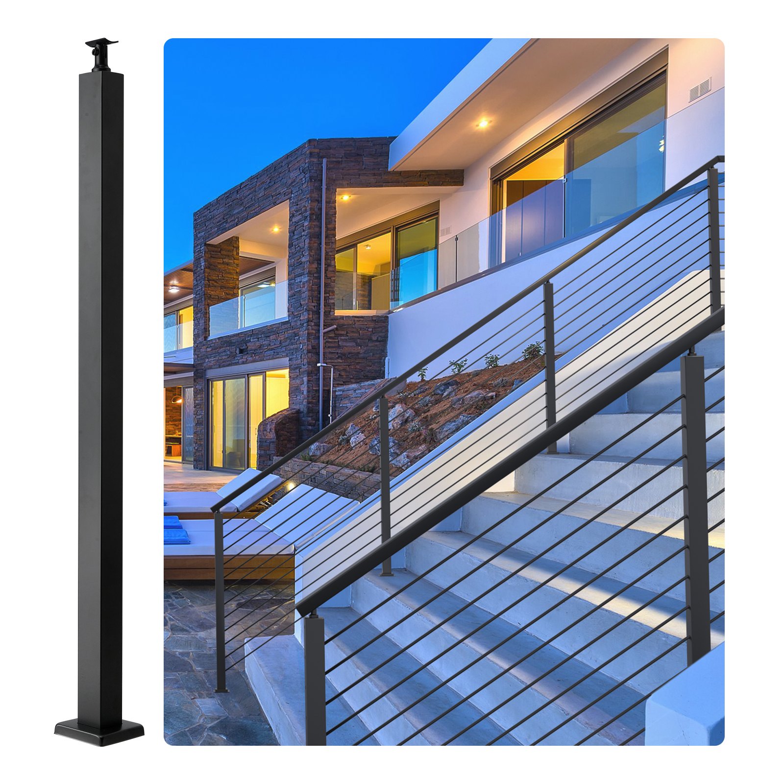 VEVOR Cable Railing Post, 42" x 2" x 2" Steel Level Deck Railing Post Without Holes, SUS304 Stainless Steel Cable Rail Post, Stair Handrail Post with Horizontal and Curved Bracket, 1-Pack, Black