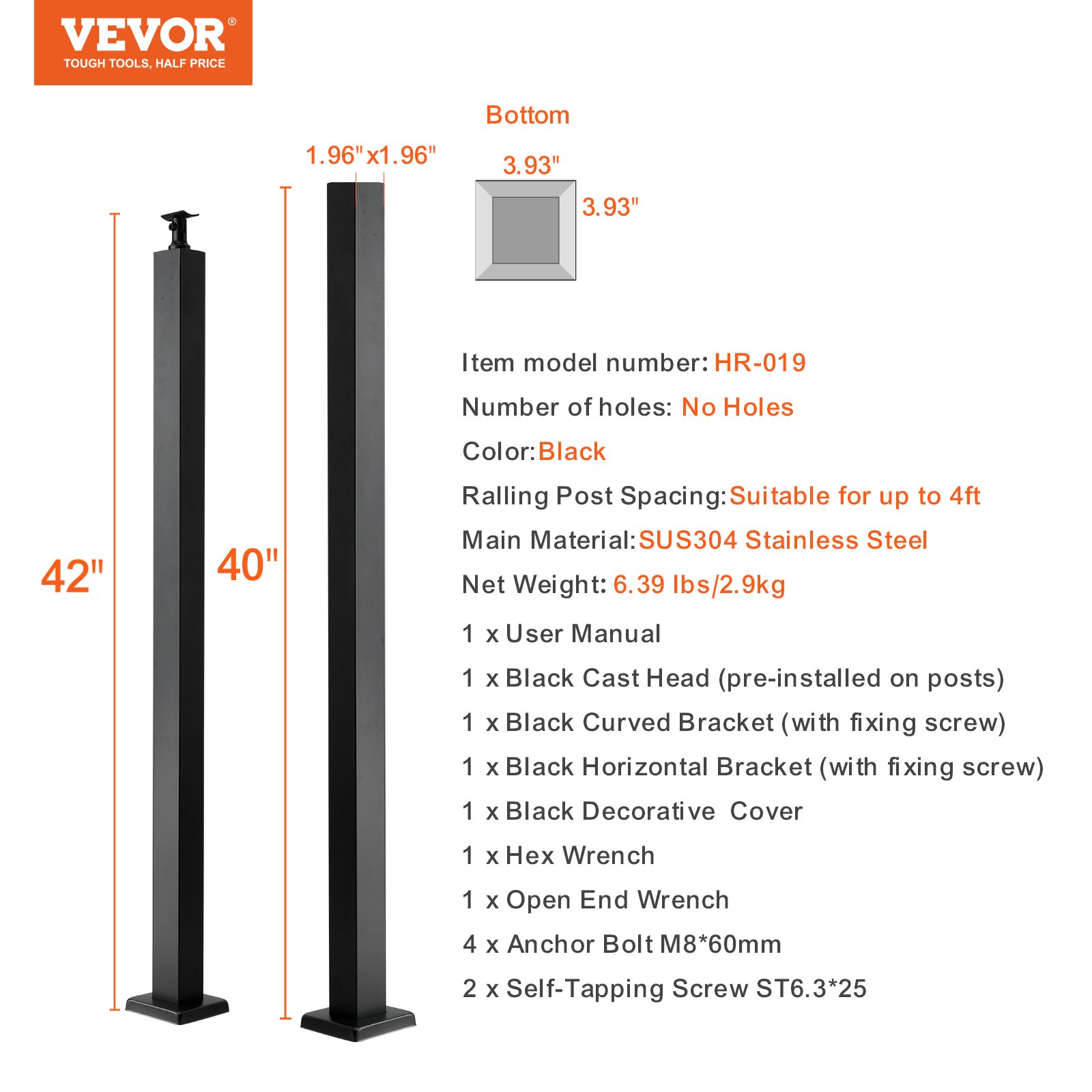VEVOR Cable Rail Post,  42 x 1.97 x 1.97", Level Deck Stair Post, Cable Handrail Post Stainless Steel Brushed Finishing Deck Railing DIY Picket Without Hole Stair Railing Kit With Mount Bracket Black