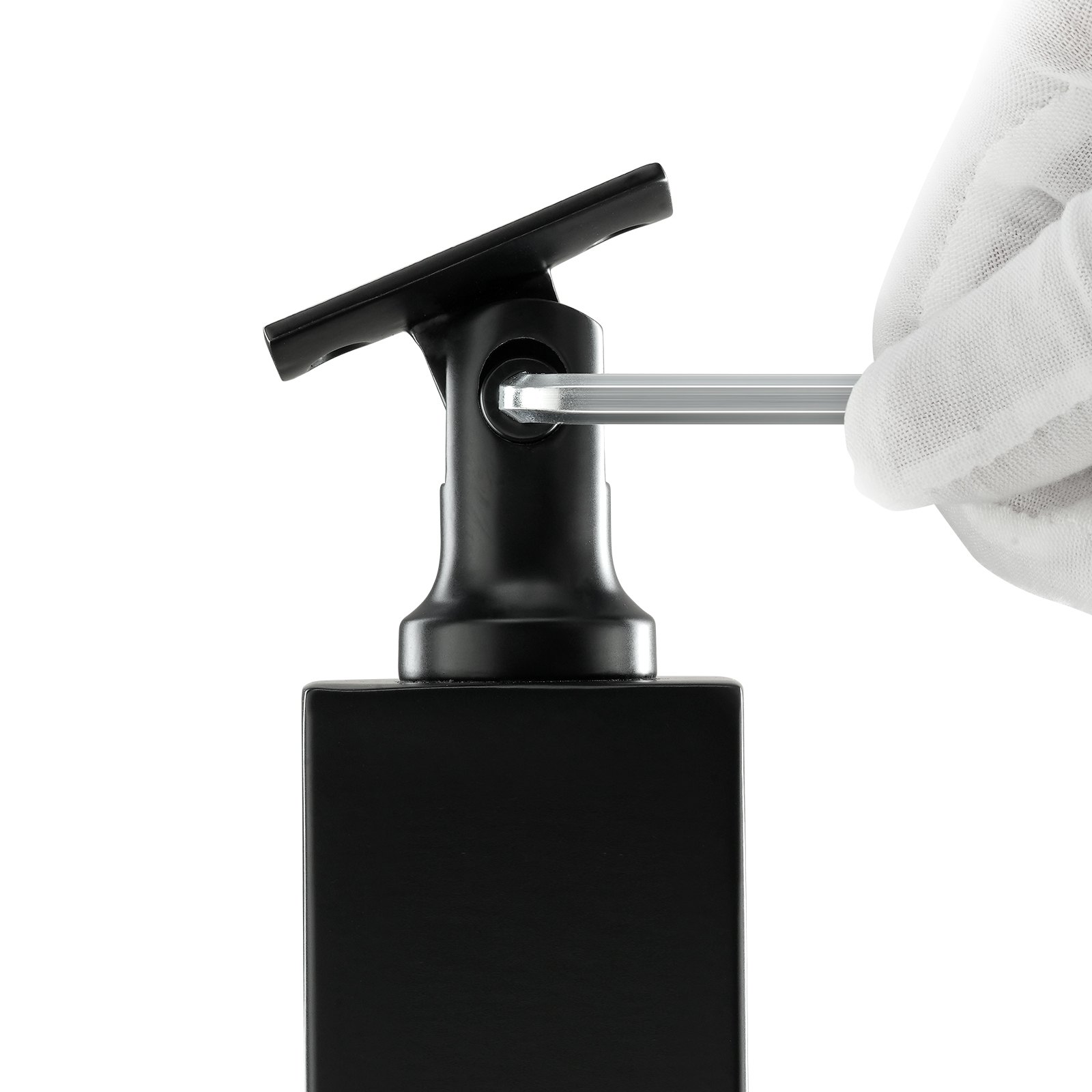 gloved hand adjusting VEVOR cable rail post with a hex key.