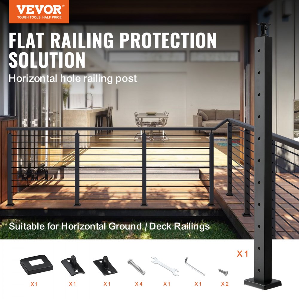 VEVOR Cable Railing Post, 36" x 1" x 2" Steel Horizontal Hole Deck Railing Post, 10 Pre-Drilled Holes, SUS304 Stainless Steel Cable Rail Post with Horizontal and Curved Bracket, LGZHY91.42.5520JLV0