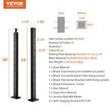 VEVOR Cable Railing Post Level Deck Stair Post 36 x 0.98 x 1.97" Cable Handrail Post Stainless Steel Brushed Finishing Deck Railing Pre-Drilled Pickets with Mounting Bracket Stair Railing Kit Black