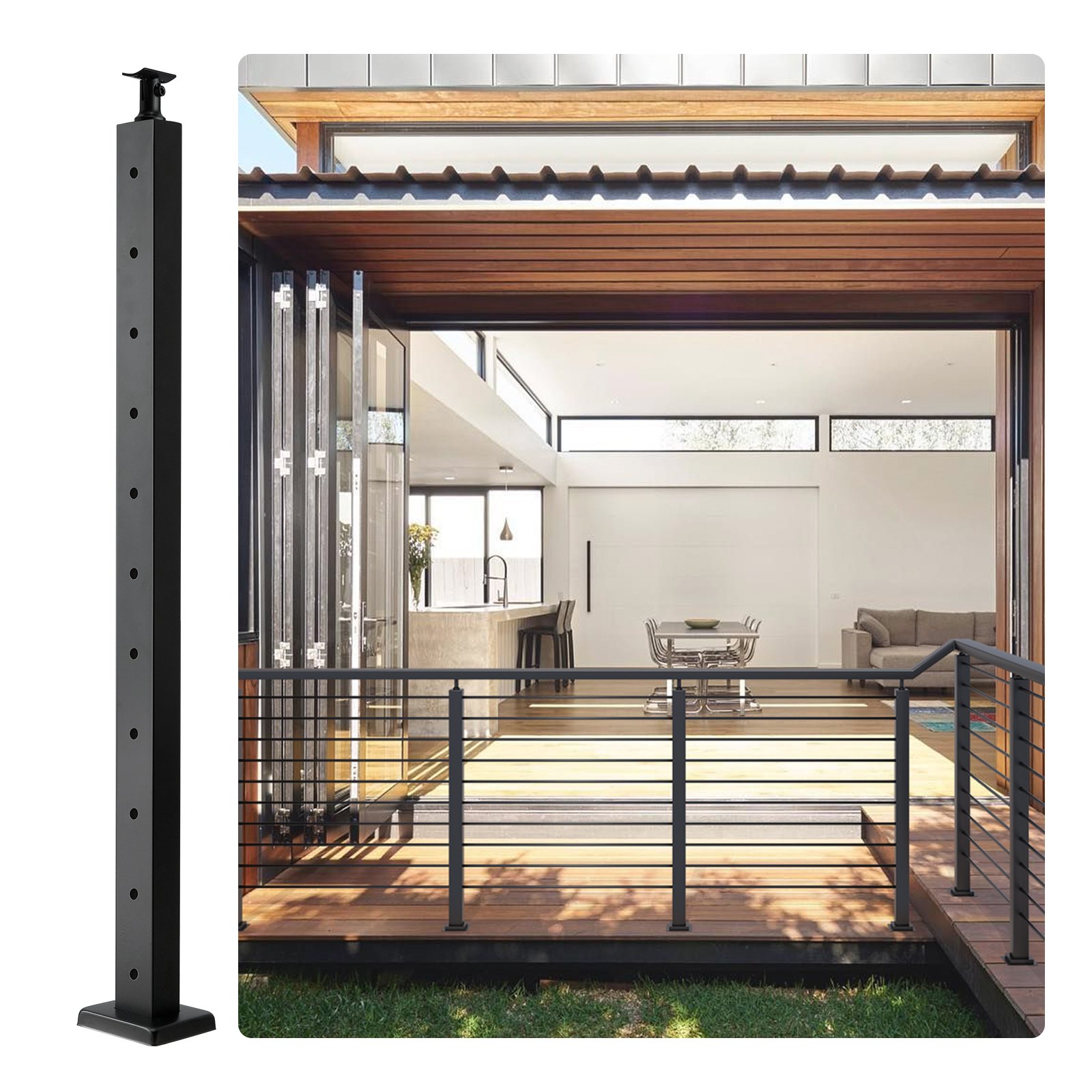 VEVOR Cable Railing Post, 36" x 1" x 2" Steel Horizontal Hole Deck Railing Post, 10 Pre-Drilled Holes, SUS304 Stainless Steel Cable Rail Post with Horizontal and Curved Bracket, LGZHY91.42.5520JLV0