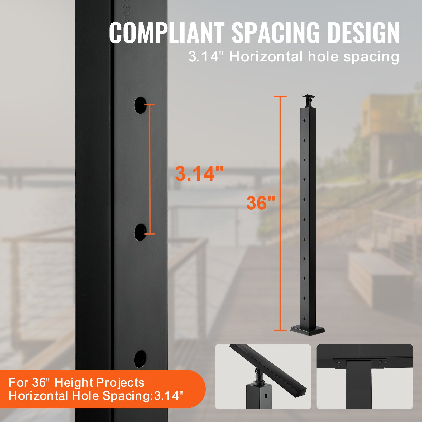 VEVOR Cable Railing Post Level Deck Stair Post 36 x 0.98 x 1.97" Cable Handrail Post Stainless Steel Brushed Finishing Deck Railing Pre-Drilled Pickets with Mounting Bracket LGZHY91.42.5520JLV0