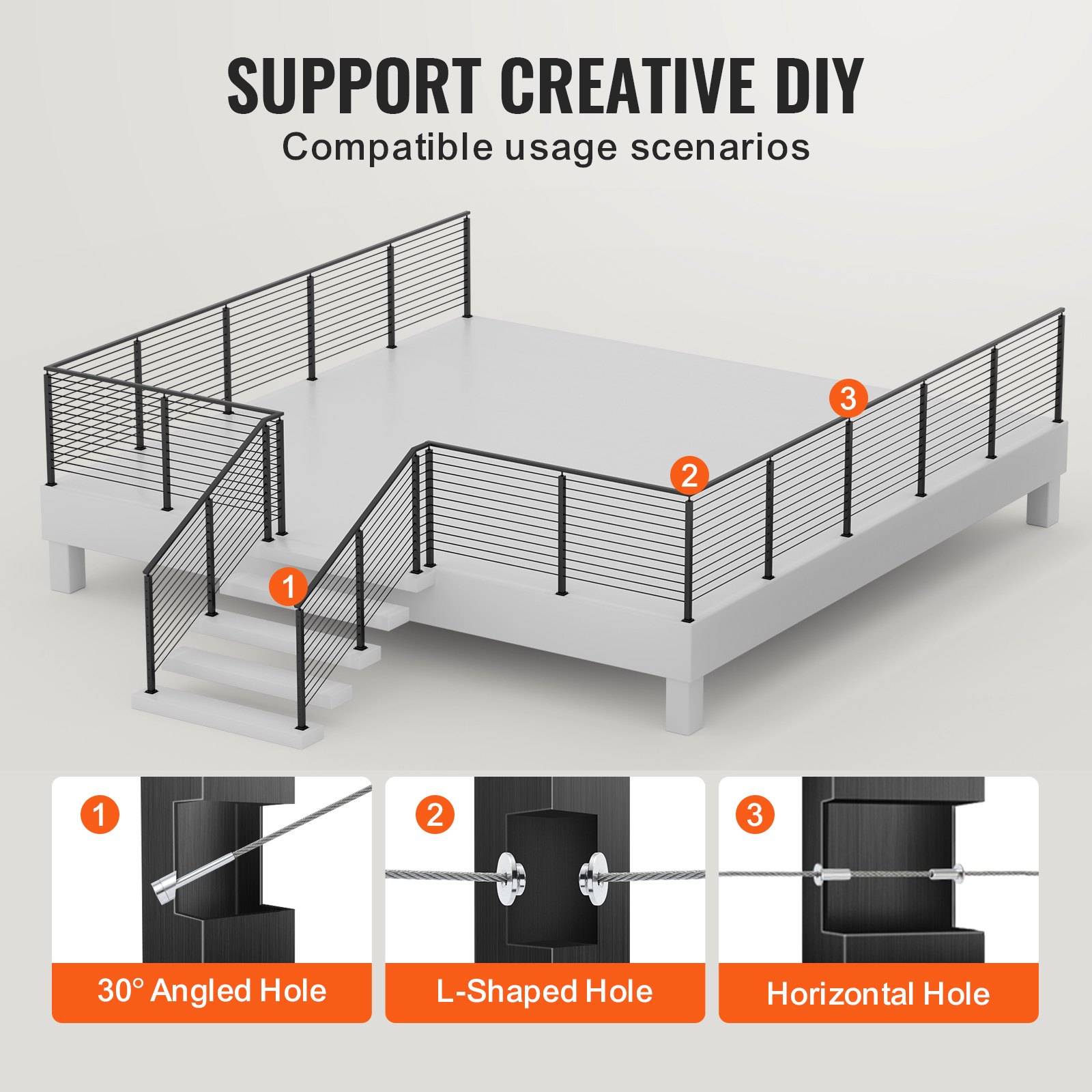 VEVOR Cable Railing Post Level Deck Stair Post 36 x 0.98 x 1.97" Cable Handrail Post Stainless Steel Brushed Finishing Deck Railing Pre-Drilled Pickets with Mounting Bracket LGZHY91.42.5520JLV0