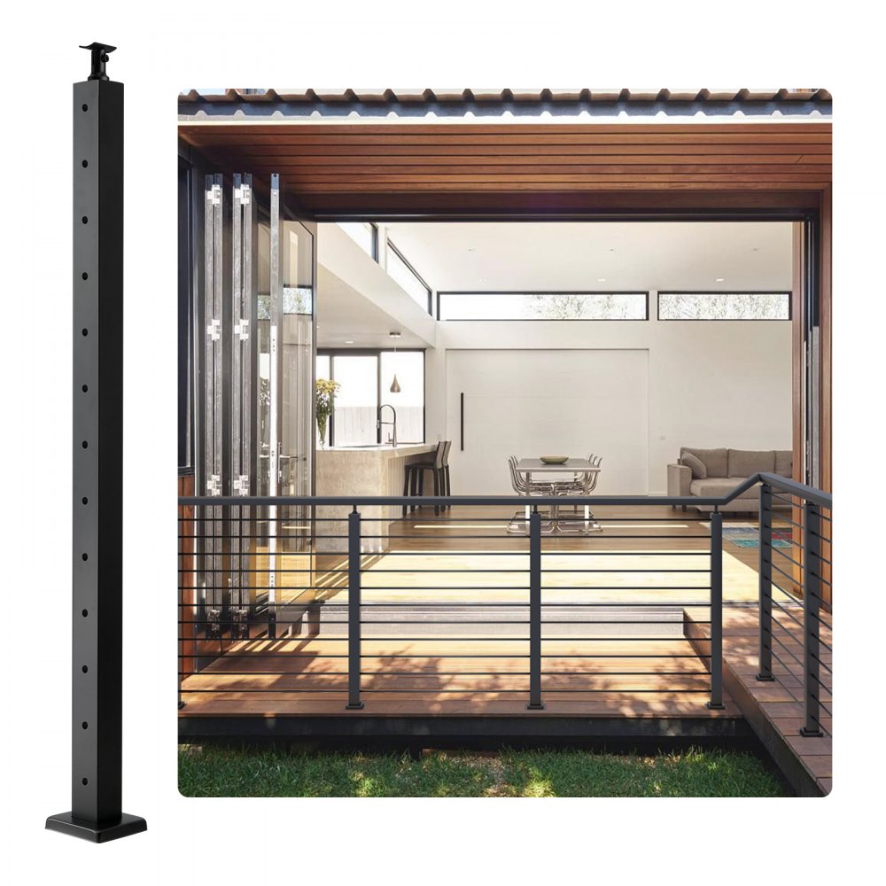 modern patio with VEVOR cable railing post and open sliding glass doors to living area.