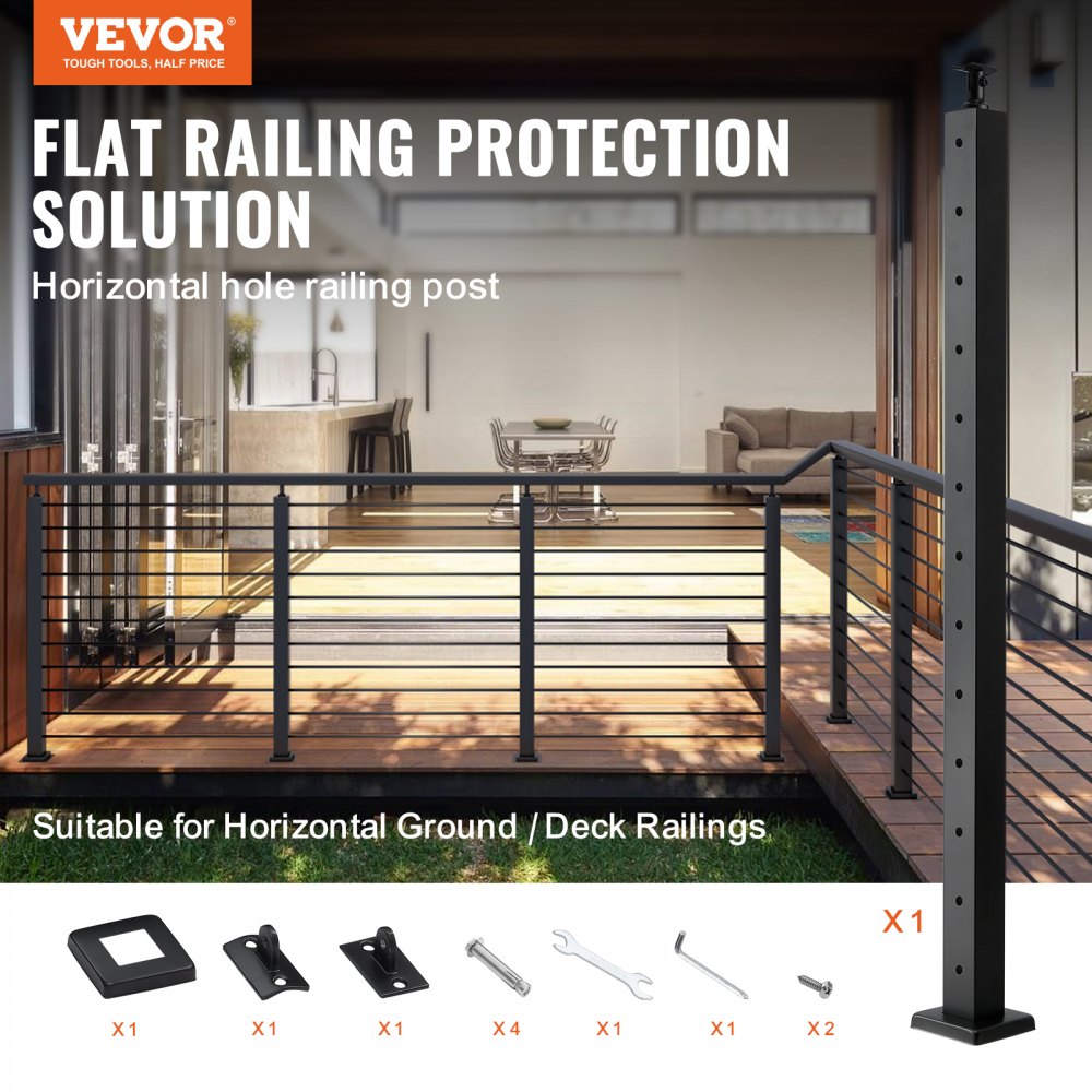 VEVOR Cable Railing Post, 42" x 2" x 2" Steel Horizontal Hole Deck Railing Post, 13 Pre-Drilled Holes, SUS304 Stainless Steel Cable Rail Post with Horizontal and Curved Bracket, LGZHYK106.7555CQAV0