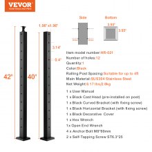 VEVOR Cable Railing Post 42x2x2in Horizontal Hole Deck Railing Post Black 1-Pack