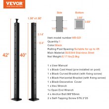 VEVOR Cable Railing Post 42x2x2in Horizontal Hole Deck Railing Post Black 1-Pack