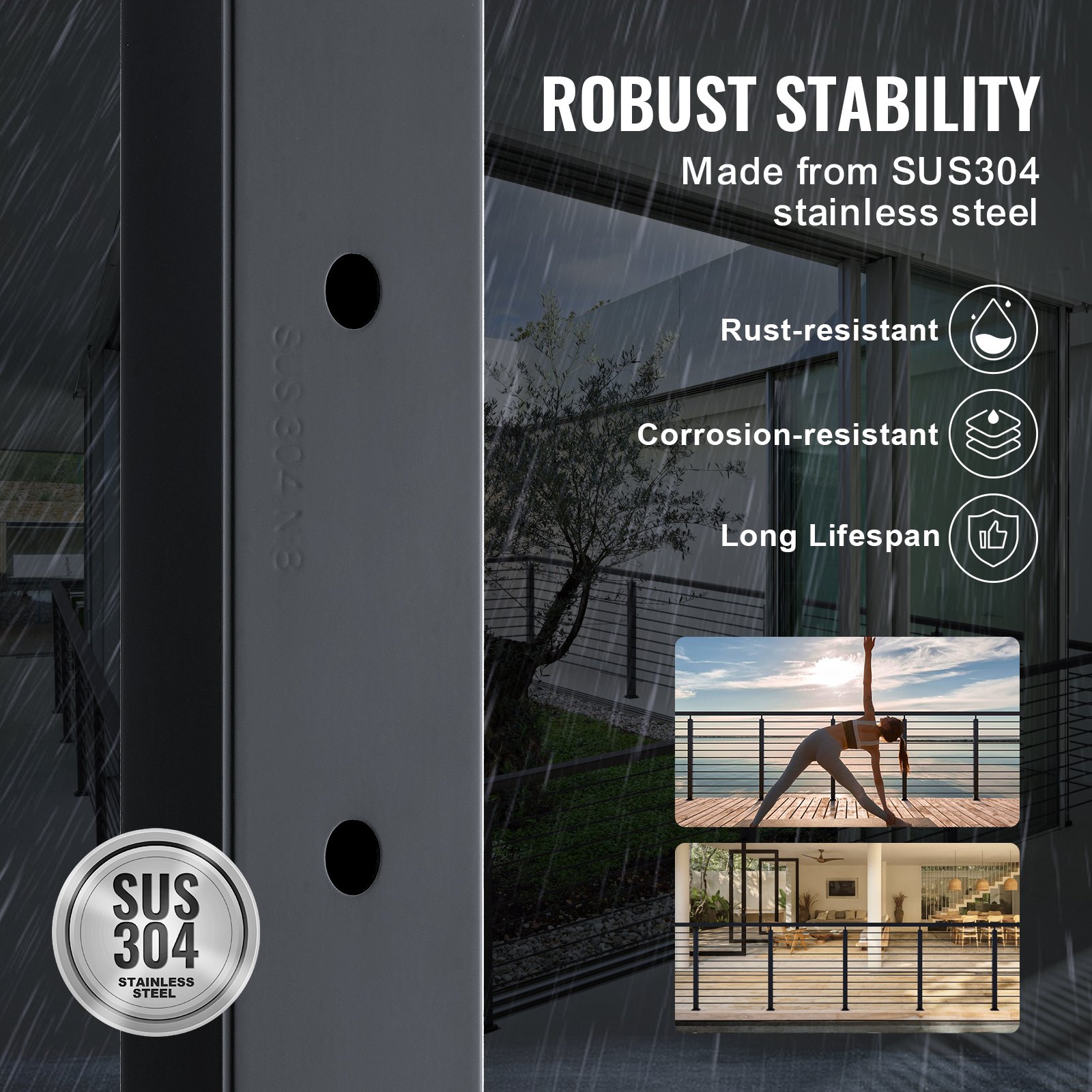 VEVOR Cable Railing Post, 42" x 2" x 2" Steel Horizontal Hole Deck Railing Post, 12 Pre-Drilled Holes, SUS304 Stainless Steel Cable Rail Post with Horizontal and Curved Bracket, LGZHYK106.7555CQAV0