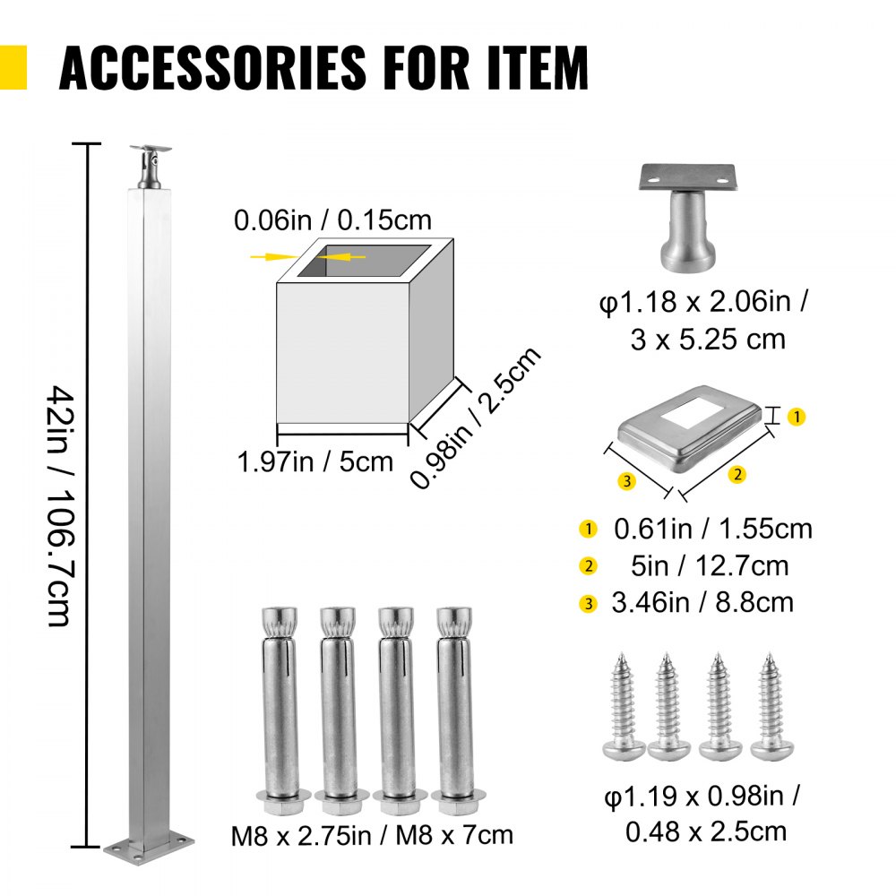 VEVOR Cable Railing Post Level Deck Stair Post 42 x 0.98 x 1.97" Cable Handrail Post Stainless Steel Wire Drawing Deck Railing DIY Picket Without Hole Stair Railing Kit with Mount Bracket Silver