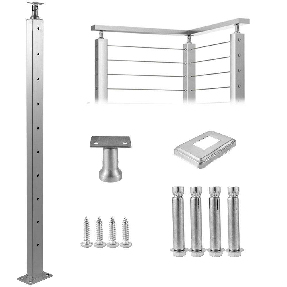 VEVOR Cable Railing Post Level Deck Stair Post 42 x 0.98 x 1.97" Cable Handrail Post Stainless Steel Wire Drawing Deck Railing Pre-Drilled Pickets with Mounting Bracket Stair Railing Kit Sliver