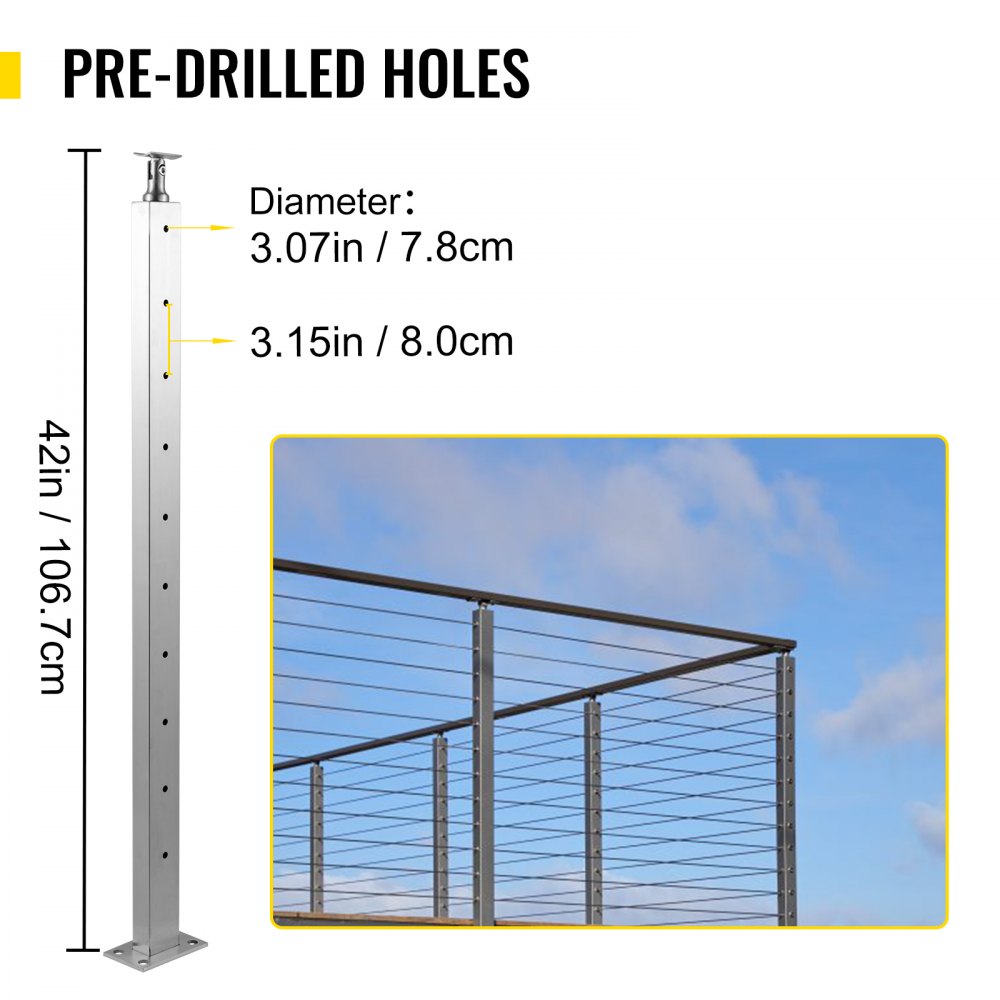 VEVOR Cable Railing Post Level Deck Stair Post 42 x 0.98 x 1.97" Cable Handrail Post Stainless Steel Wire Drawing Deck Railing Pre-Drilled Pickets with Mounting Bracket Stair Railing Kit Sliver