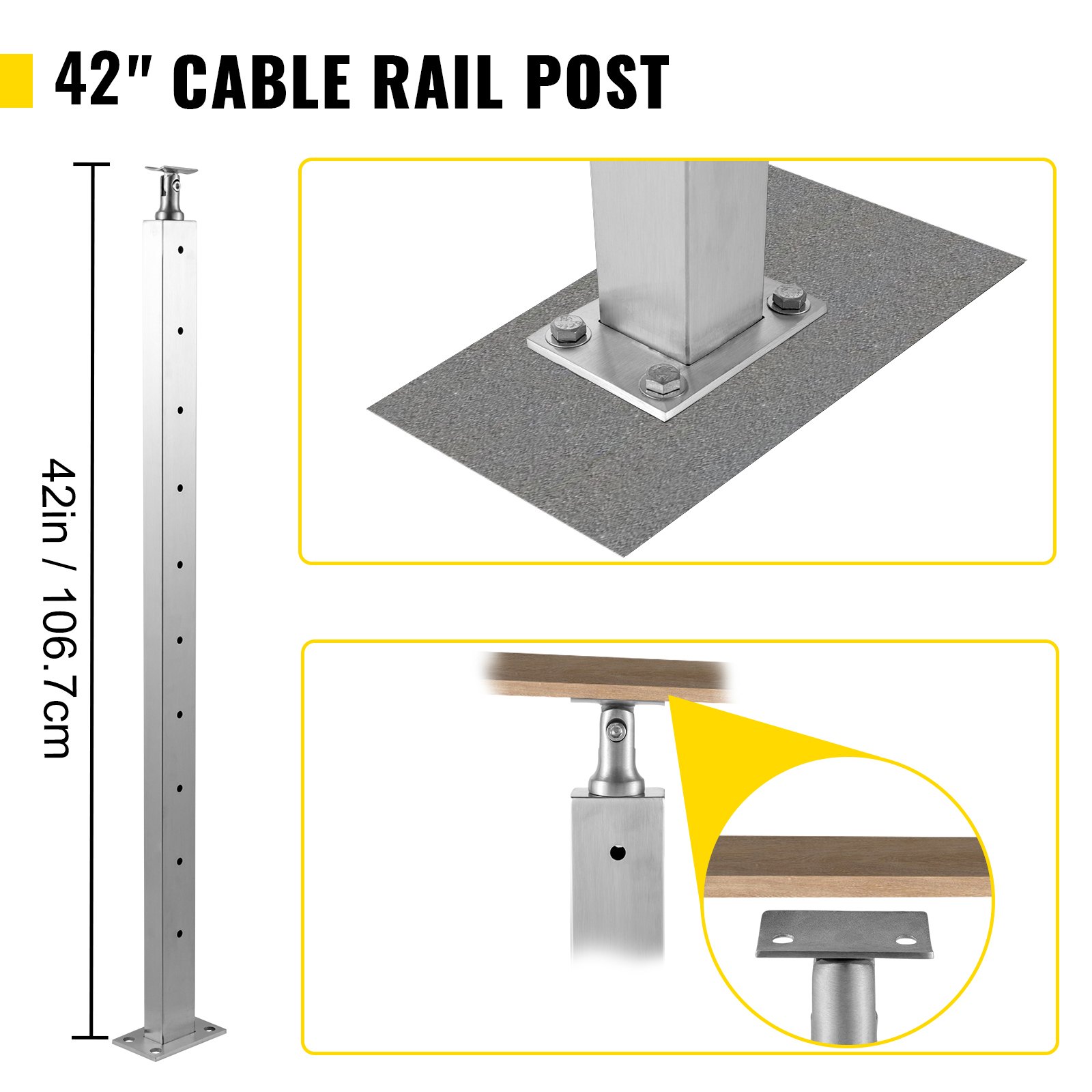 VEVOR Cable Railing Post Level Deck Stair Post 42 x 0.98 x 1.97" Cable Handrail Post Stainless Steel Wire Drawing Deck Railing Pre-Drilled Pickets with Mounting Bracket Stair Railing Kit Sliver