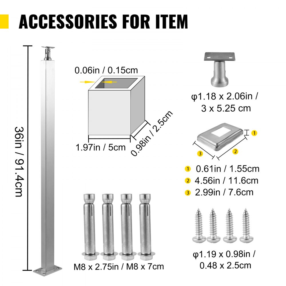 VEVOR Cable Railing Post Level Deck Stair Post 36 x 0.98 x 1.97" Cable Handrail Post Stainless Steel Wire Drawing Deck Railing DIY Picket Without Hole Stair Railing Kit With Mount Bracket Sliver