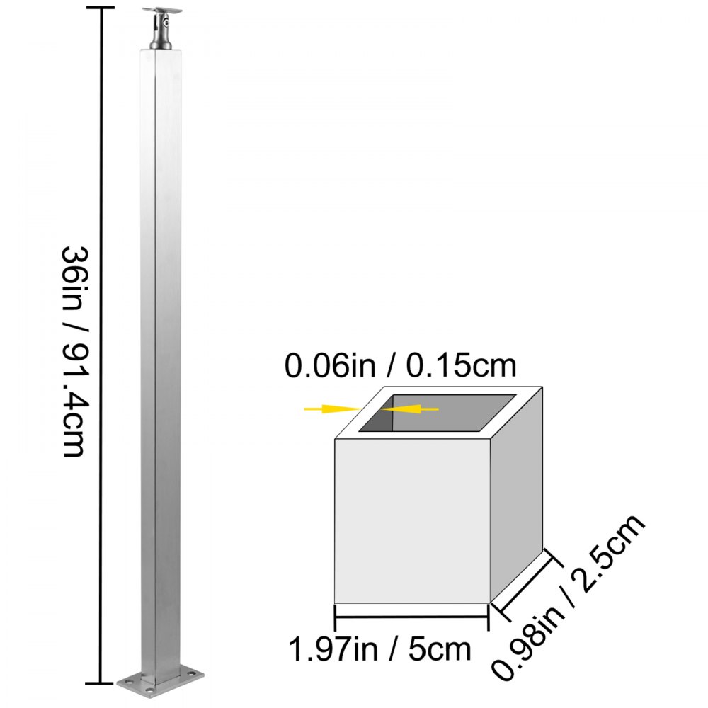 VEVOR Cable Railing Post Level Deck Stair Post 36 x 0.98 x 1.97" Cable Handrail Post Stainless Steel Wire Drawing Deck Railing DIY Picket Without Hole Stair Railing Kit With Mount Bracket Sliver