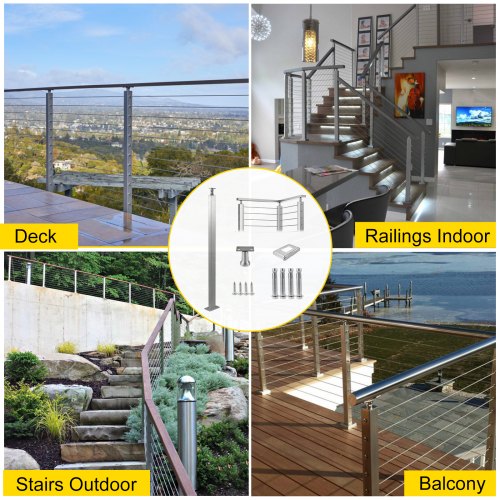 VEVOR Cable Railing Post Level Deck Stair Post 42 x 1.97 x 1.97" Cable Handrail Post Stainless Steel Wire Drawing Deck Railing DIY Picket Without Hole Stair Railing Kit With Mount Bracket Sliver