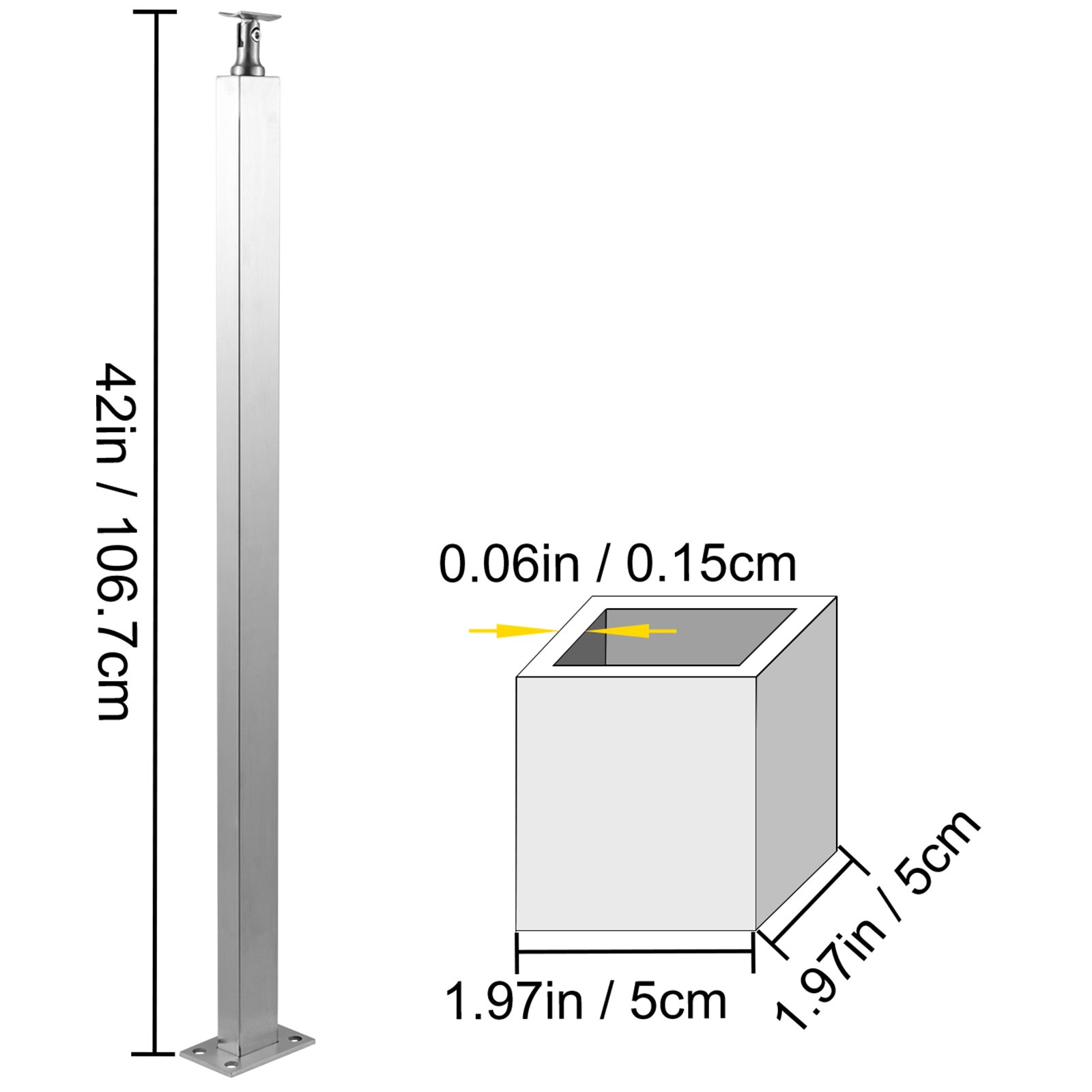 VEVOR Cable Railing Post Level Deck Stair Post 42 x 1.97 x 1.97" Cable Handrail Post Stainless Steel Wire Drawing Deck Railing DIY Picket Without Hole Stair Railing Kit With Mount Bracket Sliver