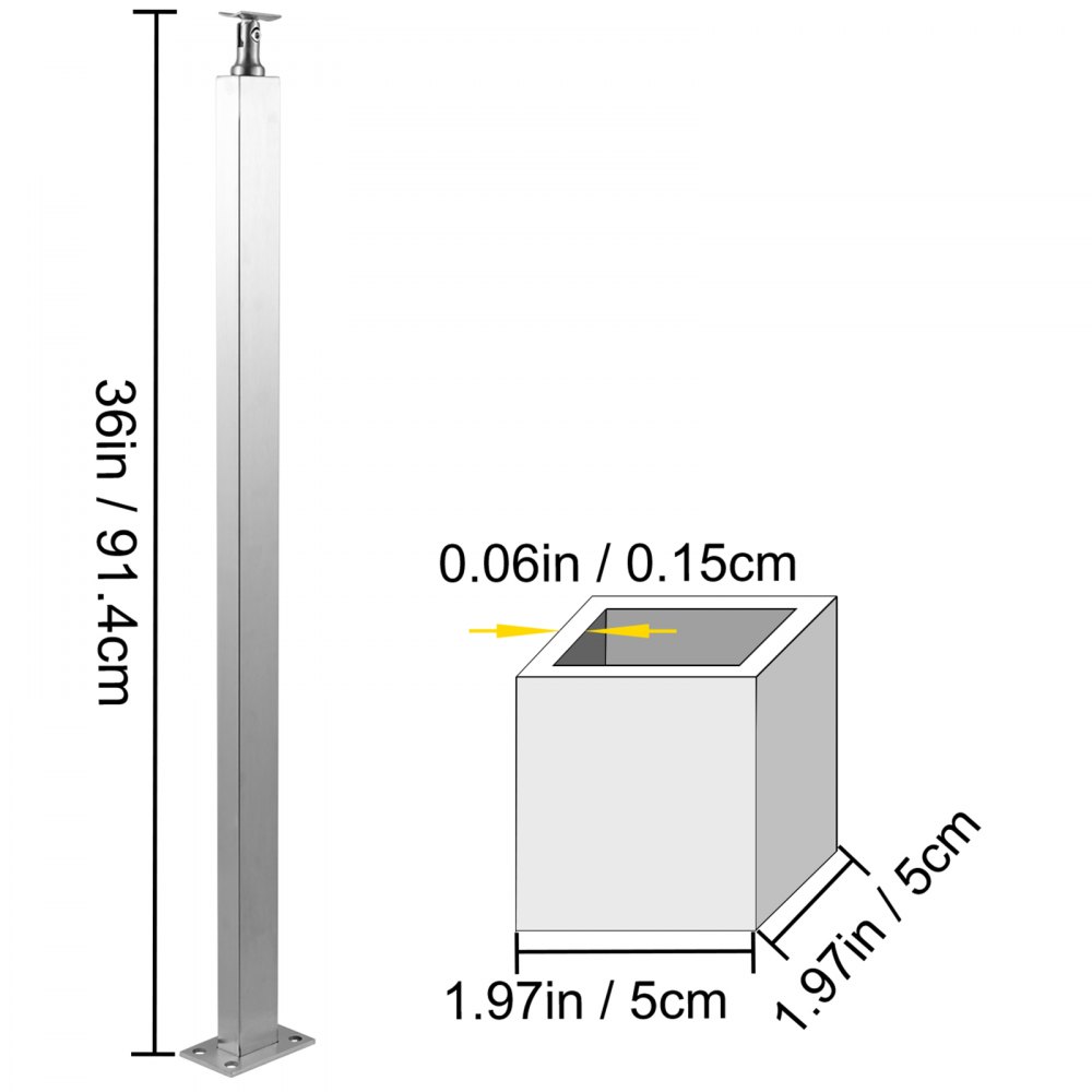 VEVOR Cable Railing Post Level Deck Stair Post 36 x 1.97 x 1.97" Cable Handrail Post Stainless Steel Wire Drawing Deck Railing DIY Picket Without Hole Stair Railing Kit with Mount Bracket Silver