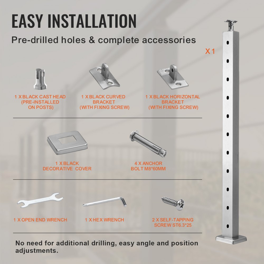 VEVOR Cable Railing Post, 36" x 1" x 2" Steel Horizontal Hole Deck Railing Post, 11 Pre-Drilled Holes, SUS304 Stainless Steel Cable Rail Post with Horizontal and Curved Bracket, LGZYY91.42.551C3JV0