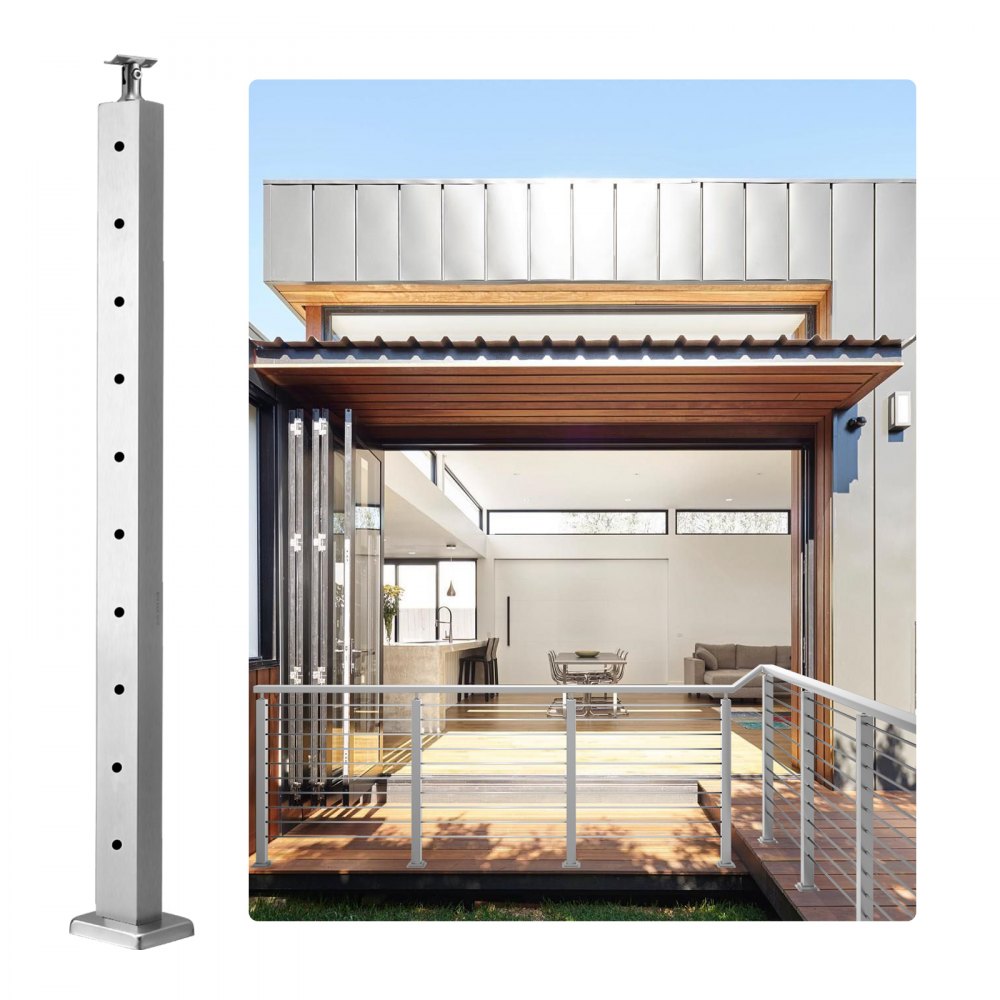 silver VEVOR cable railing post beside modern patio with open indoor-outdoor flow.