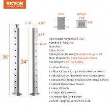 VEVOR Cable Railing Post, 36" x 1" x 2" Steel Horizontal Hole Deck Railing Post, 10 Pre-Drilled Holes, SUS304 Stainless Steel Cable Rail Post with Horizontal and Curved Bracket, 1-Pack, Silver