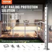 VEVOR Cable Railing Post, 36" x 1" x 2" Steel Horizontal Hole Deck Railing Post, 10 Pre-Drilled Holes, SUS304 Stainless Steel Cable Rail Post with Horizontal and Curved Bracket, 1-Pack, Silver