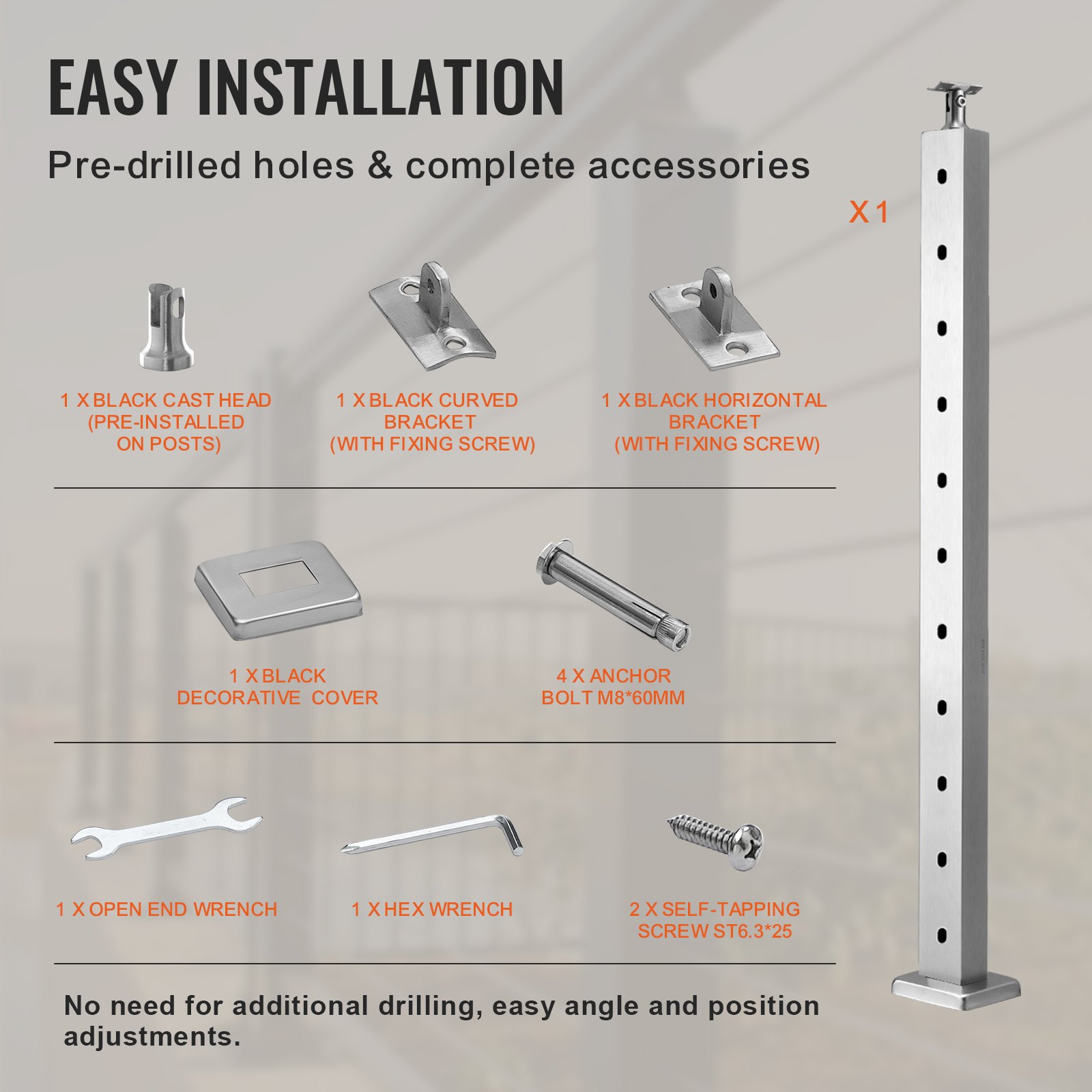 VEVOR Cable Railing Post, 36" x 1" x 2" Steel Horizontal Hole Deck Railing Post, 11 Pre-Drilled Holes, SUS304 Stainless Steel Cable Rail Post with Horizontal and Curved Bracket, LGZYY91.42.551C3JV0