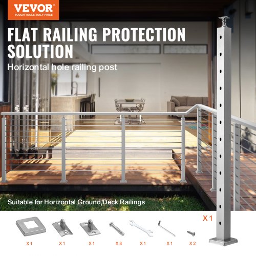 VEVOR Cable Railing Post Level Deck Stair Post 42 x 1.97 x 1.97" Cable Handrail Post Stainless Steel Wire Drawing Deck Railing Pre-Drilled Pickets with Mounting Bracket Stair Railing Kit Sliver