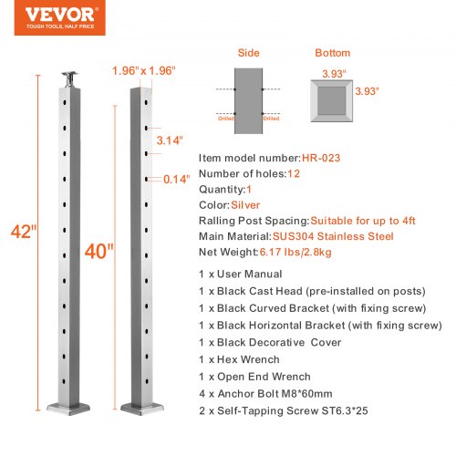 VEVOR Cable Railing Post Level Deck Stair Post 42 x 1.97 x 1.97" Cable Handrail Post Stainless Steel Wire Drawing Deck Railing Pre-Drilled Pickets with Mounting Bracket Stair Railing Kit Sliver