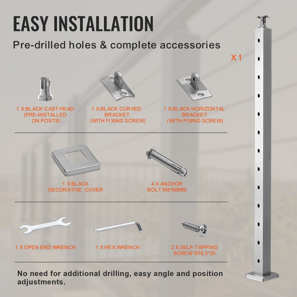 VEVOR cable railing post with pre-drilled holes and complete accessories for easy installation.
