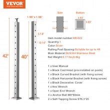 VEVOR Cable Railing Post Level Deck Stair Post 106.7 x 5 x 5 cm Cable Handrail Post Stainless Steel Wire Drawing Deck Railing Pre-Drilled Pickets with Mounting Bracket Stair Railing Kit Sliver