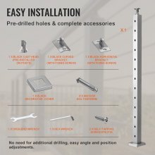 VEVOR Cable Railing Post, 42" x 2" x 2" Steel Horizontal Hole Deck Railing Post, 12 Pre-Drilled Holes, SUS304 Stainless Steel Cable Rail Post with Horizontal and Curved Bracket, 1-Pack, Silver