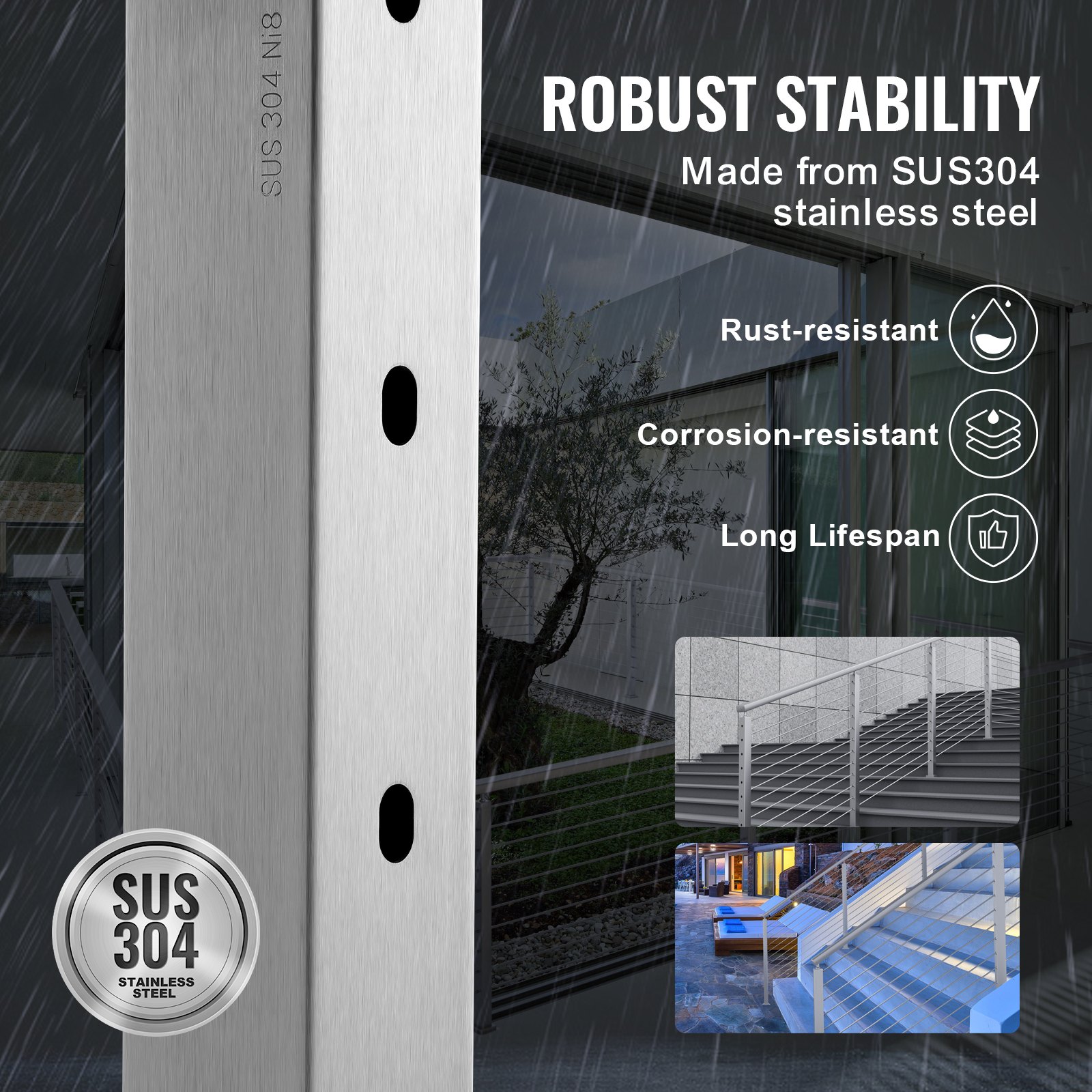VEVOR cable railing post, sus304 stainless steel, rust-resistant, and corrosion-resistant.