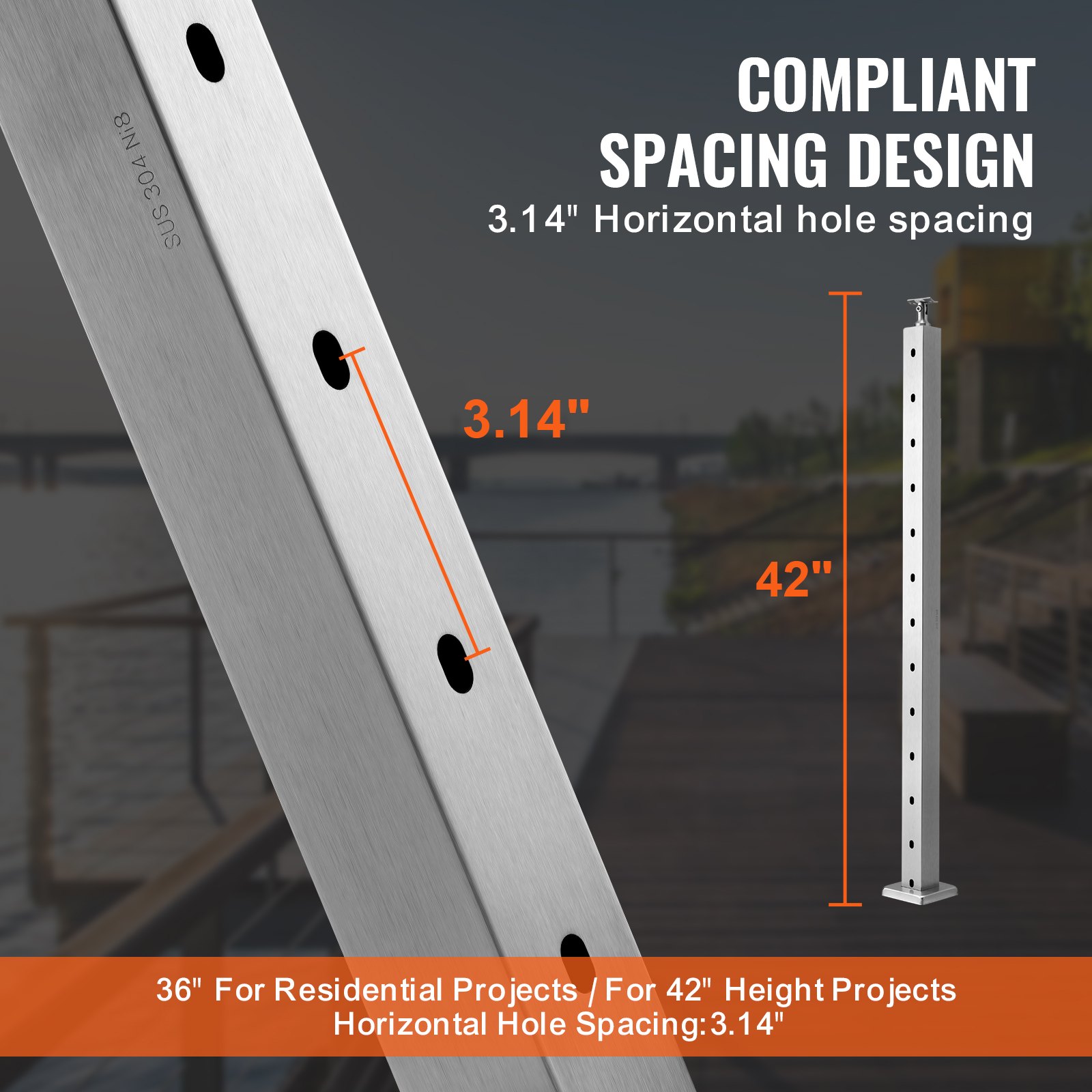 VEVOR cable railing post, compliant spacing design, 3.14&quot; hole spacing.
