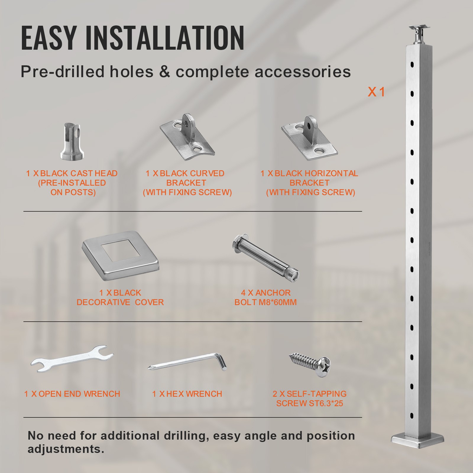 VEVOR cable railing post with pre-drilled holes and complete accessories for easy installation.