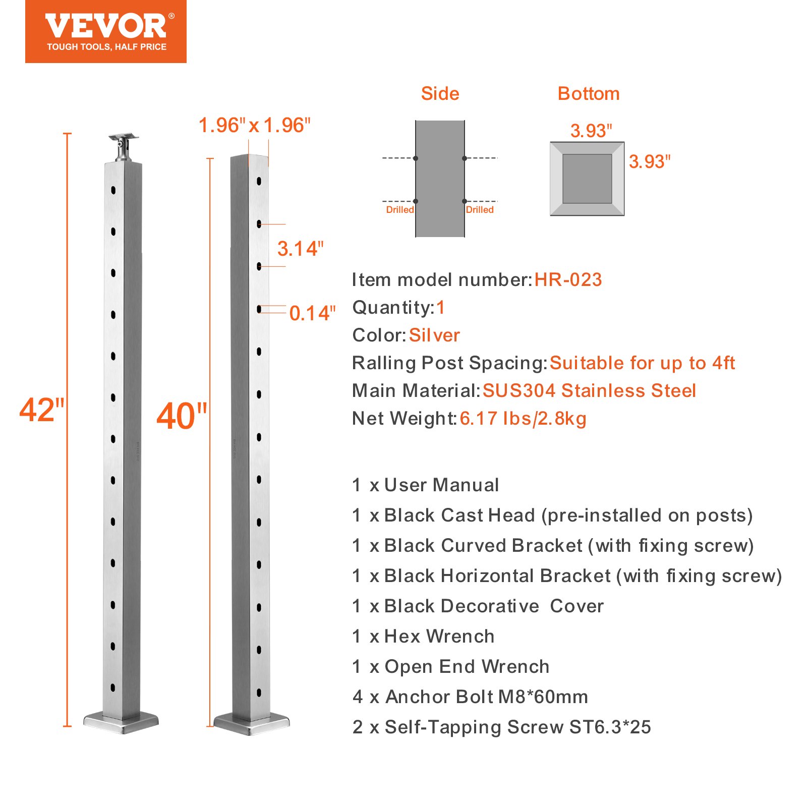 VEVOR cable railing post 42&quot; and 40&quot; stainless steel with dimensions and components.