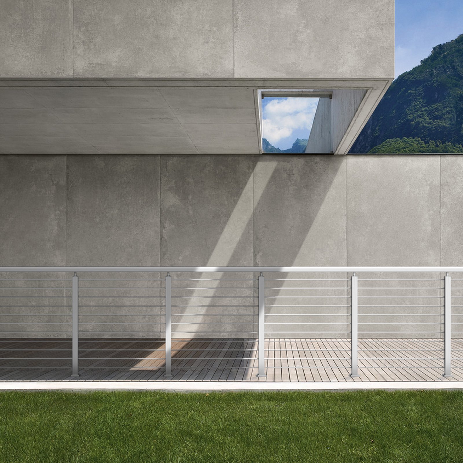 minimalist deck with a VEVOR cable railing post, concrete walls, and mountain view.