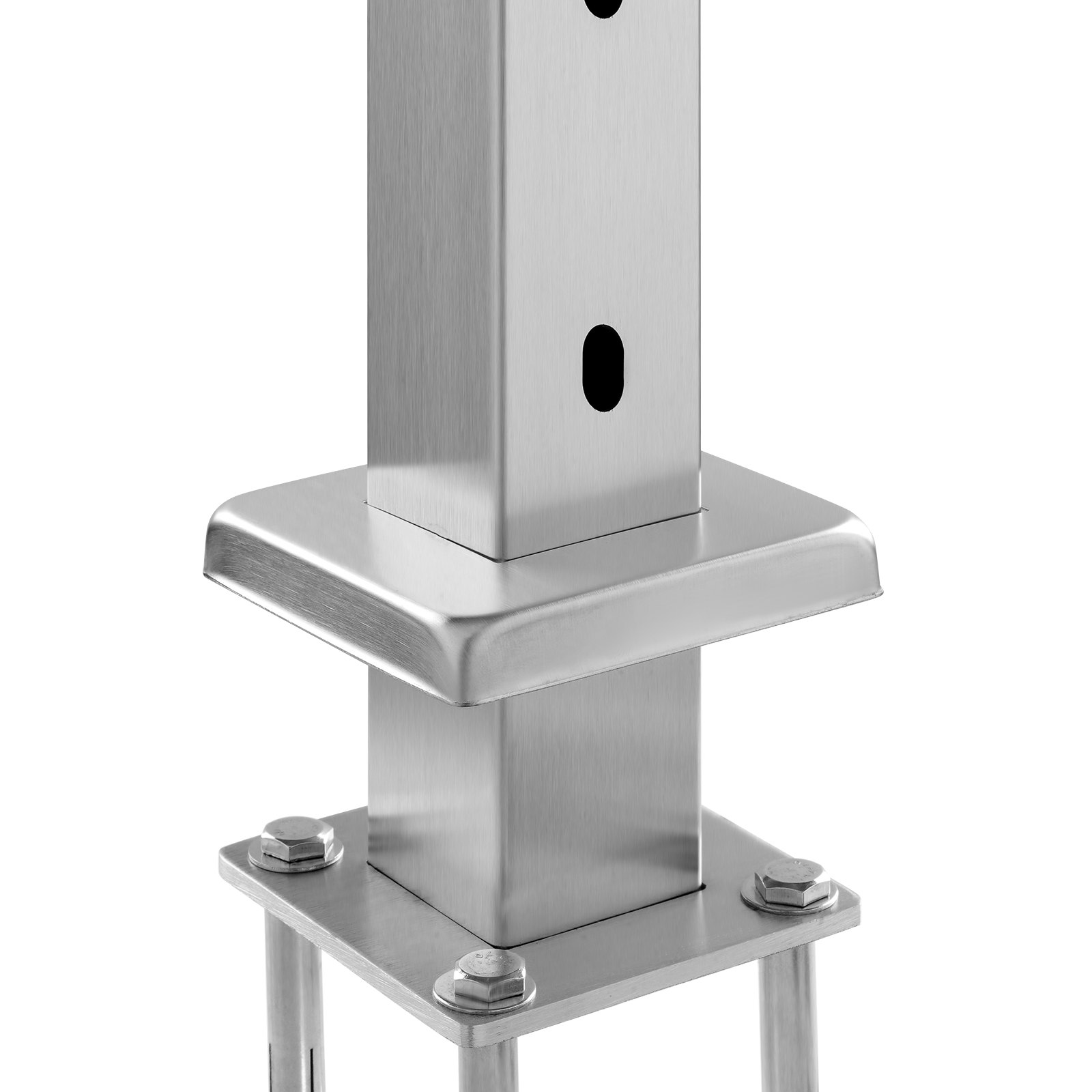 stainless steel VEVOR cable railing post with mounting base and bolt details.