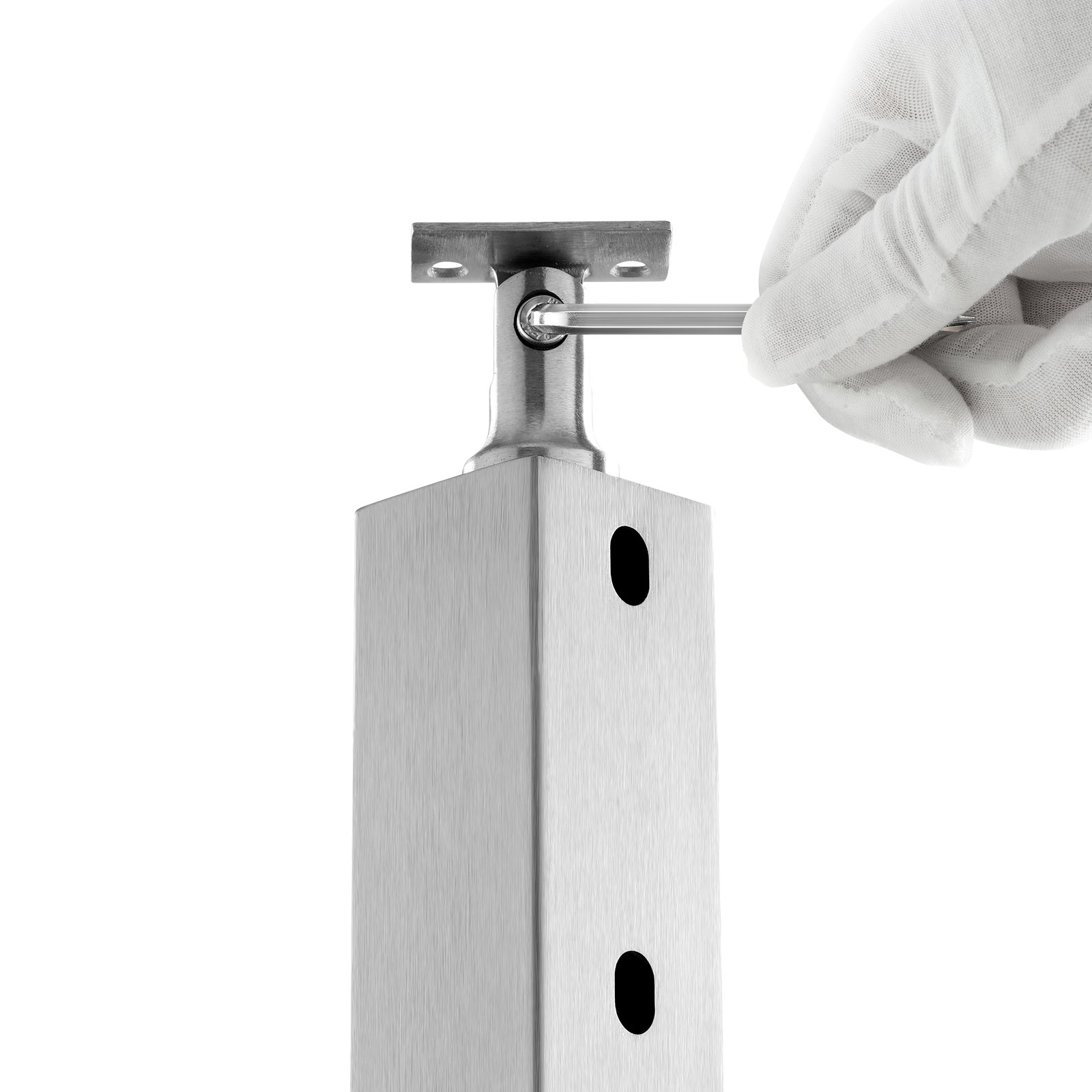 hand assembling a VEVOR cable railing post with a hex wrench.