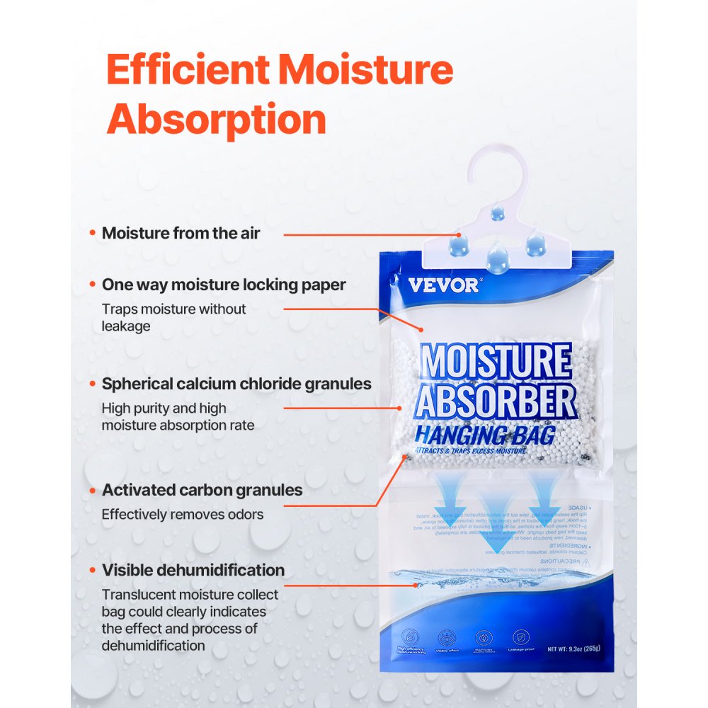 VEVOR Hanging Moisture Absorber, 9.3 oz Hanging Closet Dehumidifier Bags(10 Packs), Fragrance Free Moisture Bags in Wardrobes, Bedrooms, Bathrooms