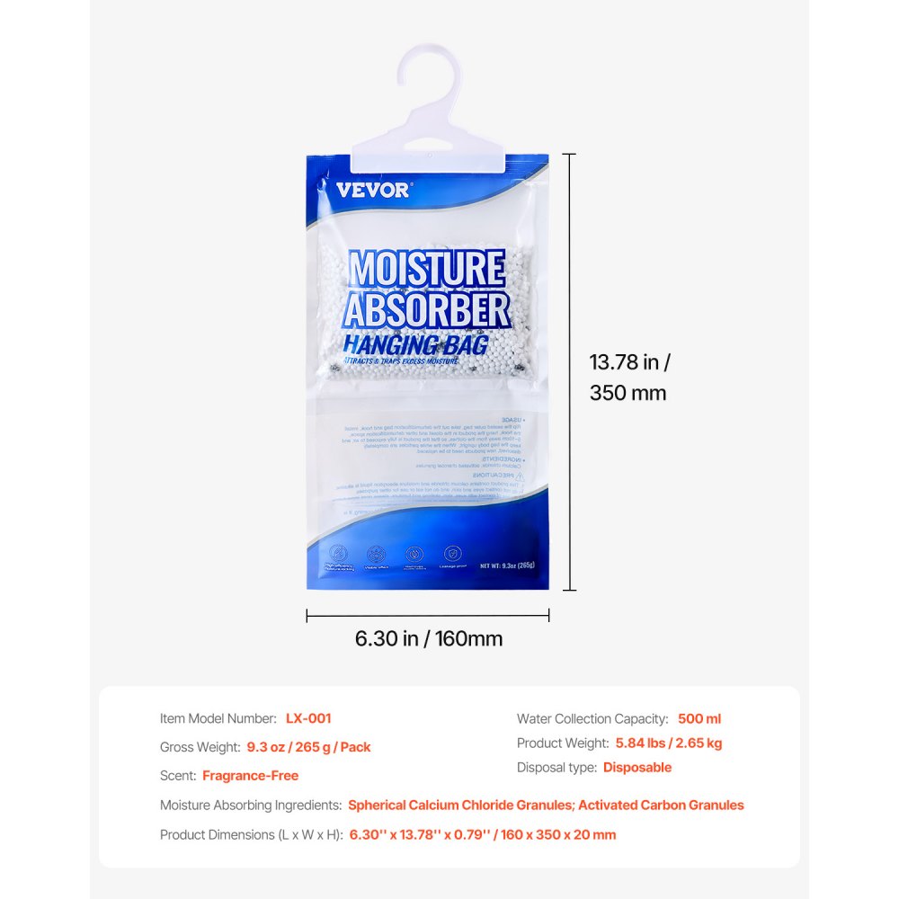 VEVOR Hanging Moisture Absorber, 9.3 oz Hanging Closet Dehumidifier Bags(10 Packs), Fragrance Free Moisture Bags in Wardrobes, Bedrooms, Bathrooms