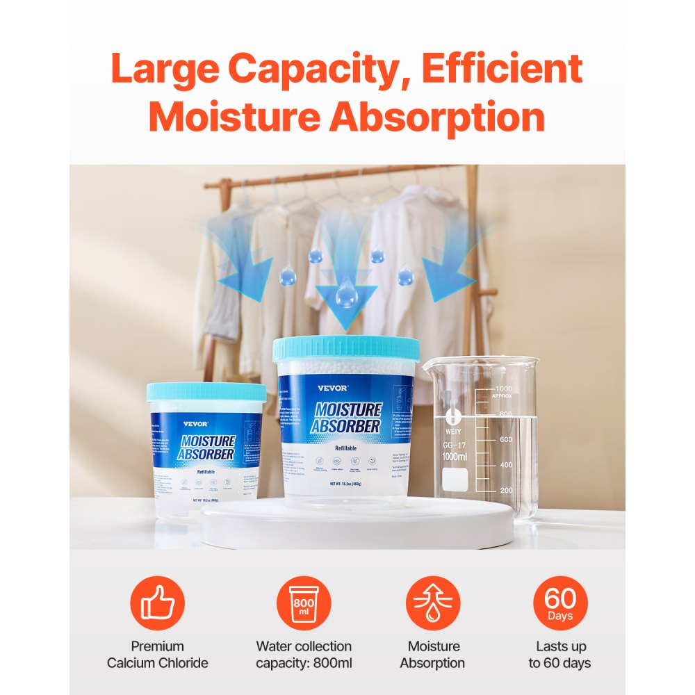 Cubo absorbente de humedad VEVOR (2 unidades, 16.2 oz) de alta capacidad con capacidad de 800 ml y cubo exterior reutilizable para uso prolongado. Absorbente de humedad sin fragancia para un aire más fresco.