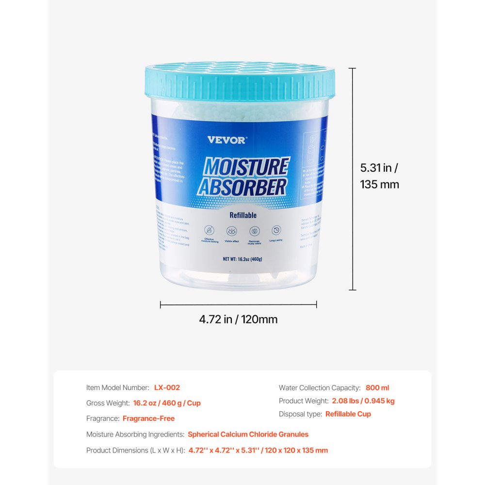 Cubo absorbente de humedad VEVOR (2 unidades, 16.2 oz) de alta capacidad con capacidad de 800 ml y cubo exterior reutilizable para uso prolongado. Absorbente de humedad sin fragancia para un aire más fresco.