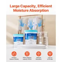 VEVOR Moisture Absorber Bucket, 2 Packs 16.2 oz Hi-Capacity Moisture Absorber Bucket with 800ml Storage Area & Reusable Outer Bucket for Long-Term Use, Fragrance Free Moisture Absorber for Fresher Air