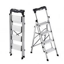 VEVOR 4 Step Ladder, Folding Step Stool with Wide Anti-Slip Pedal and Comfort Handgrip, 150 kg Capacity Portable Aluminum Stepladder, Multi-Use for Kitchen, Home, Warehouse and Office, Silver