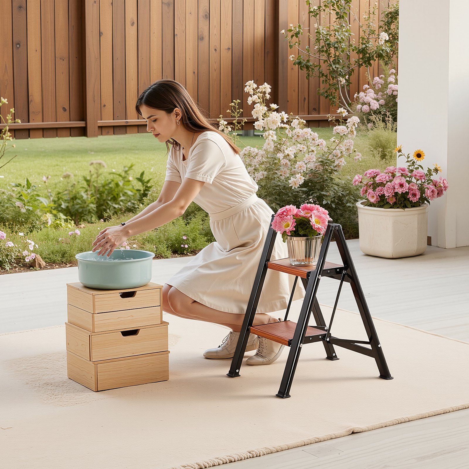 VEVOR 2 Step Ladder, Folding Step Stool with Wide Anti-Slip Pedal and Comfort Handgrip, Lightweight 150 kg Capacity Portable Aluminum Plant Support, Multi-Use for Adults, Home Repairing, Cleaning